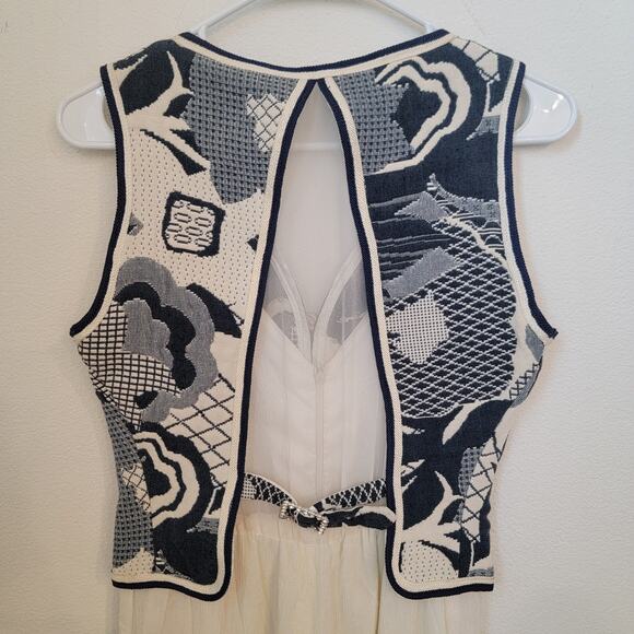 Cache Vintage Tapestry Vest Jumpsuit One Piece 80S Rhinestone Studded Mesh Panel - Picture 15 of 16